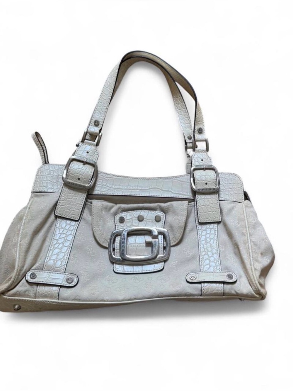 Guess Cream Croc Embossed Big G Buckle Shoulder Bag Baguette Purse with zebra li